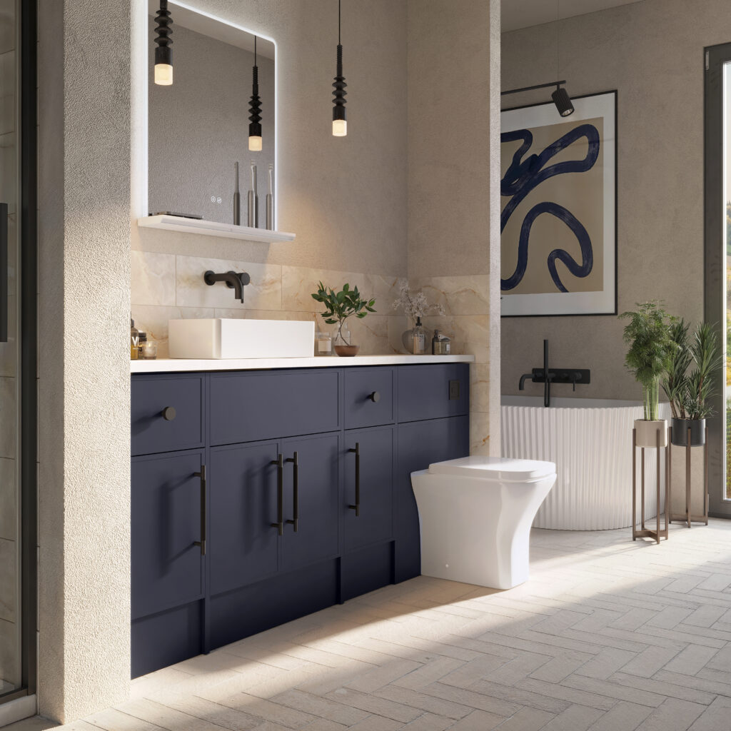 A luxury fitted bathroom with navy furniture, a vessel basin, and a freestanding bath